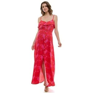 Lily Rose Juniors Red & Pink Floral Maxi Dress Size XL Spaghetti Straps Ruffle